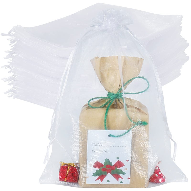 HRX Package 100pcs Large Organza Bags White, 8 x 12 inch Mesh Gift Drawstring Pouches Goodie Bags for Christmas Shower Party Favors Samples - Image 1
